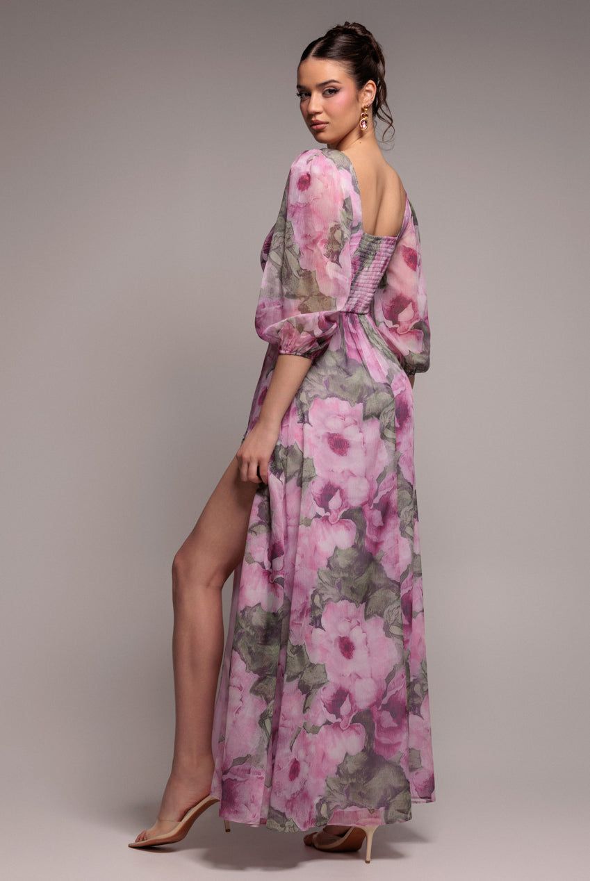 Goddiva Puff Sleeve A-Line Printed Chiffon Maxi Dress With Split