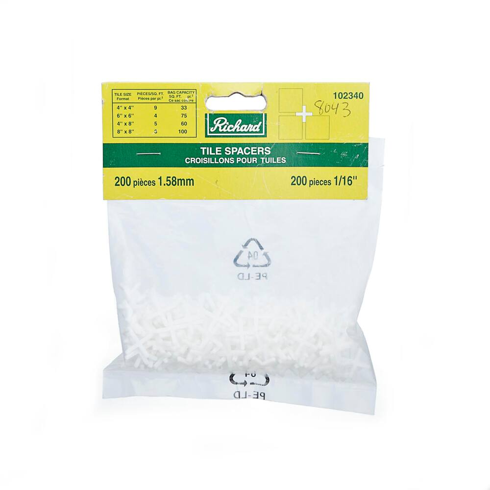 Richard Polypropylene Plastic Tile Spacers, Reusable, Easy-To-Remove, White, 1/16-in, 200-pk