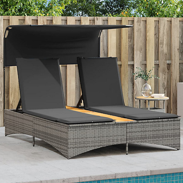 Chaise longue double et auvent et coussins gris résine tressée vidaXL