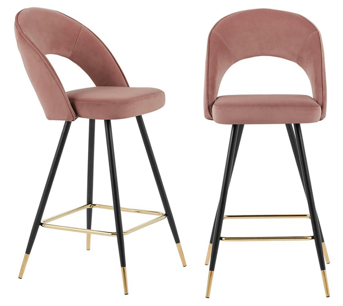 BASILE - Lot de 2 tabourets en velours vieux rose piètement noir et doré