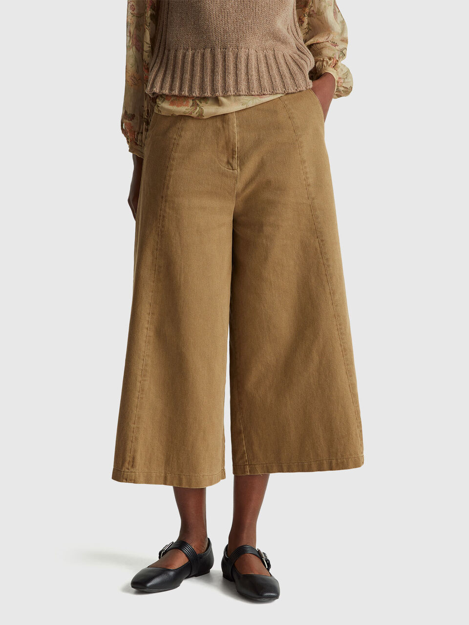 3/4 length cotton wide trousers