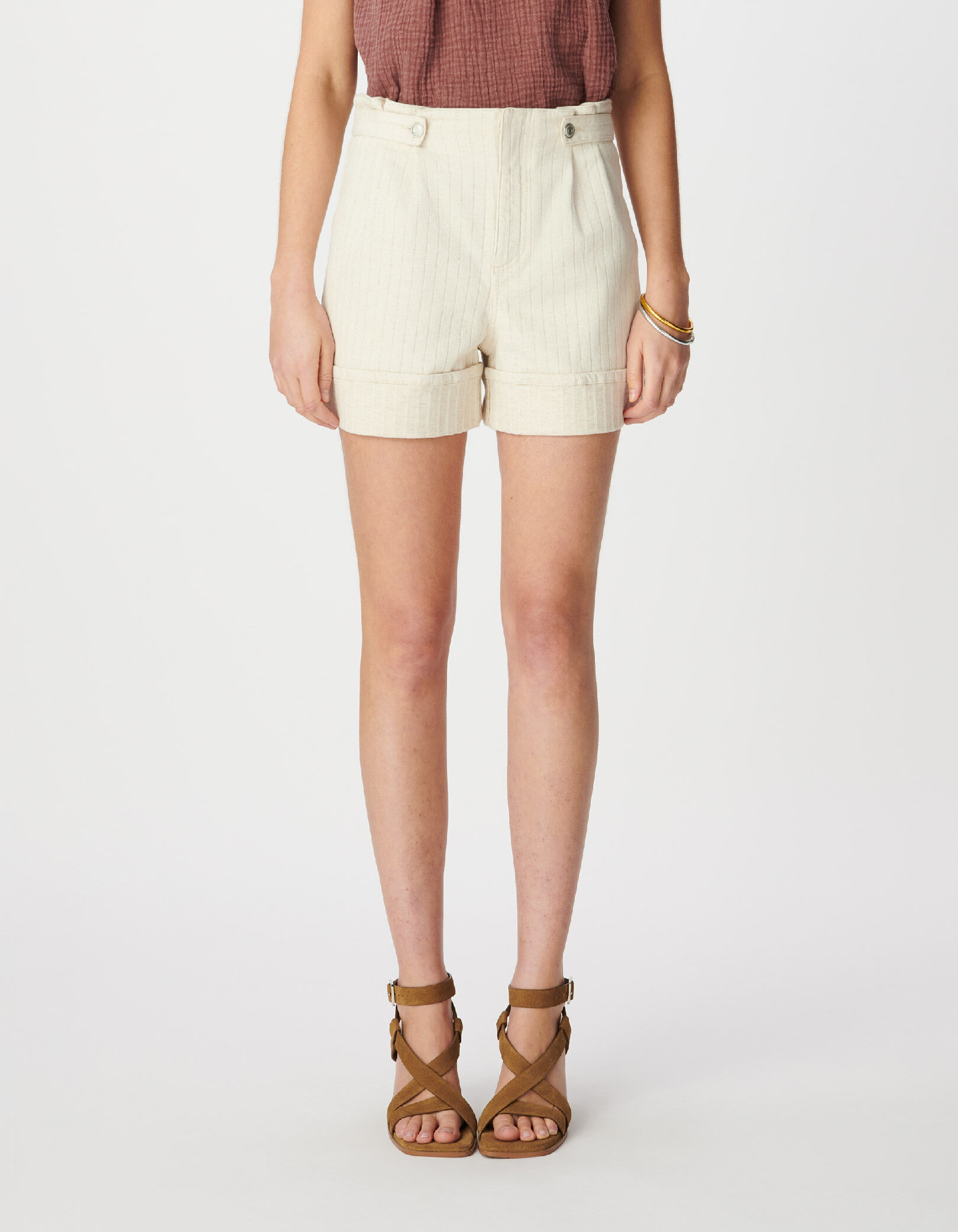 Short beige motif rayures à revers Femme