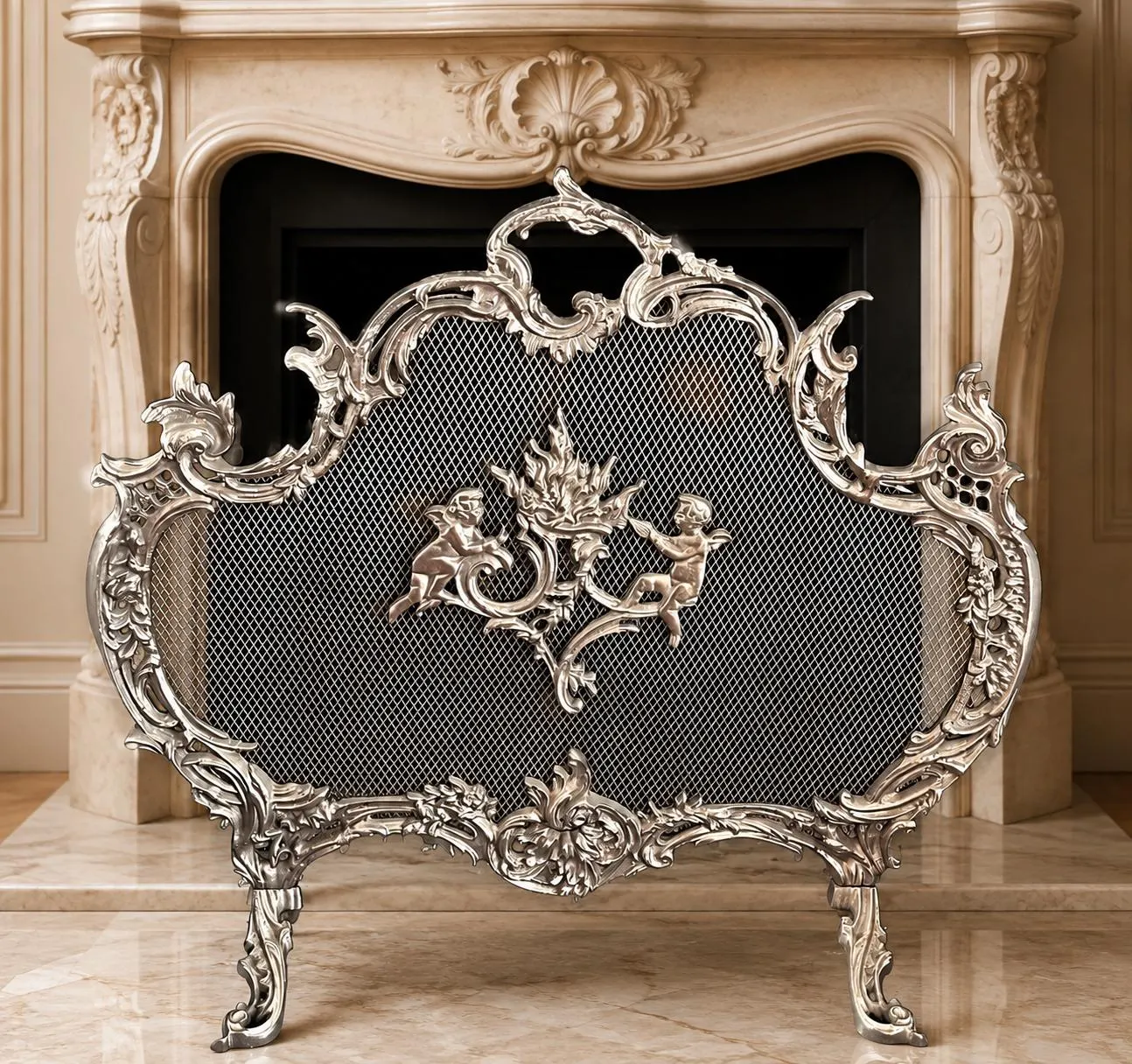 Antique French Gilded Brass Fireplace Screen, Cherubs, Rococo Baroque Decor
