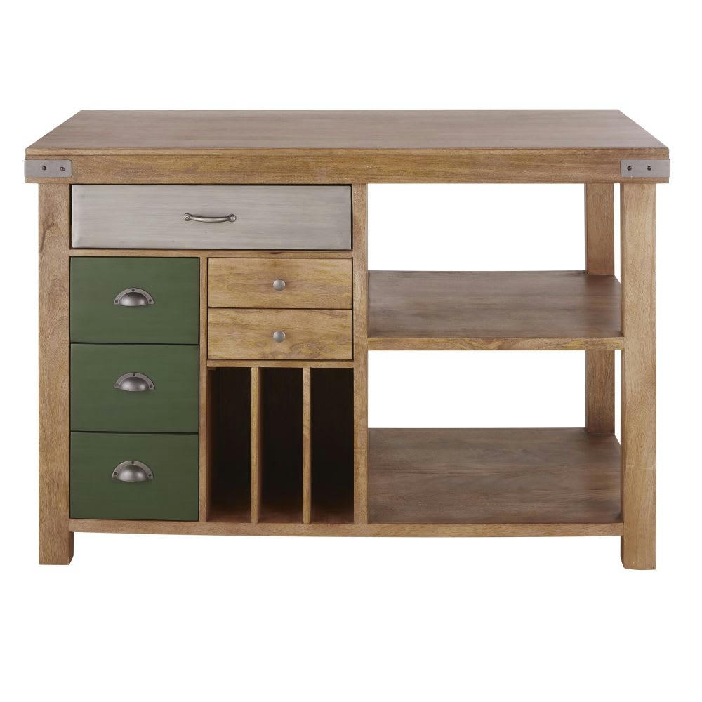 Chilham - Ilot central de cuisine 6 tiroirs 1 étagère 3 niches marron, vert et gris