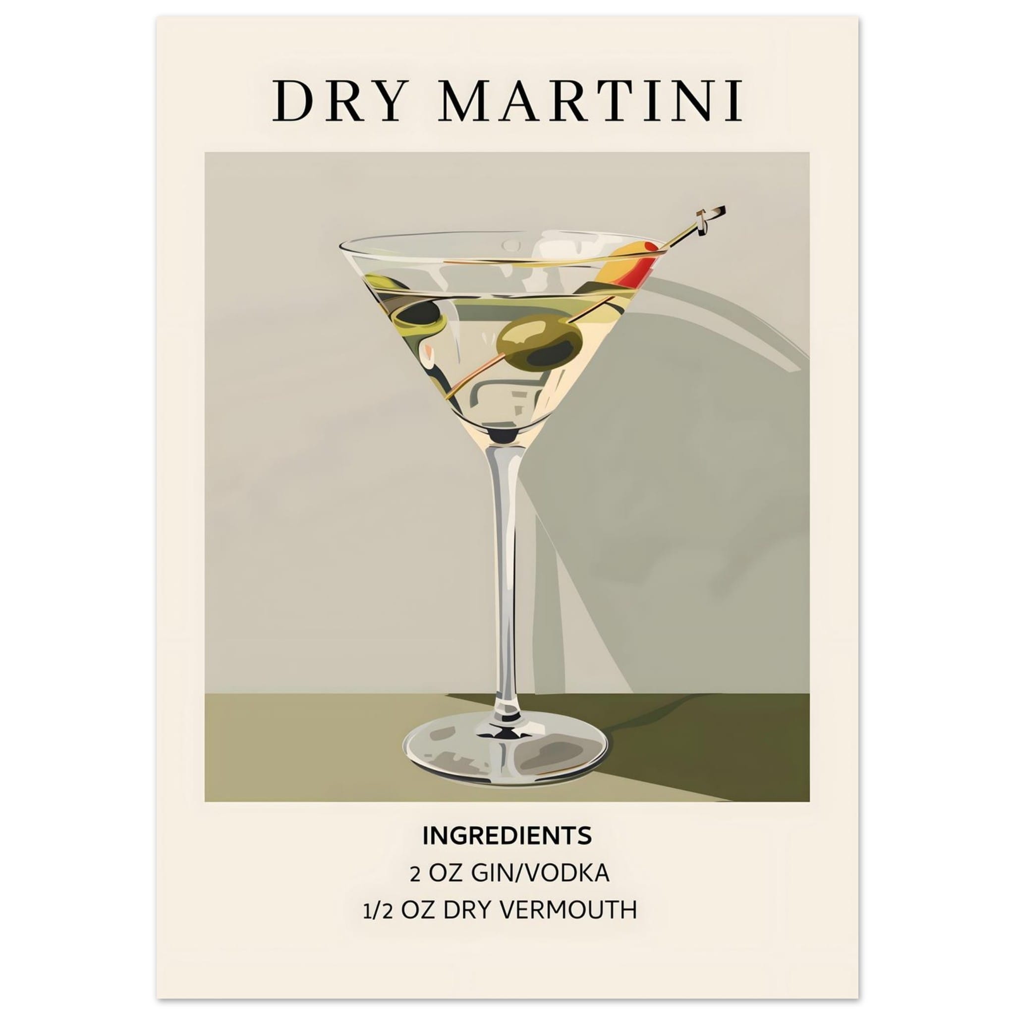 Artfulprints Poster Dry Martini cocktail - Ingrediënten  - 50x70 cm - Groen