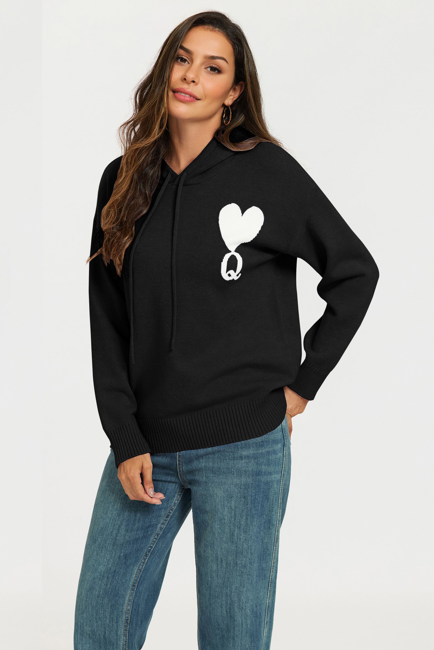 FS Collection Heart & Q word knitted hoodie In Black