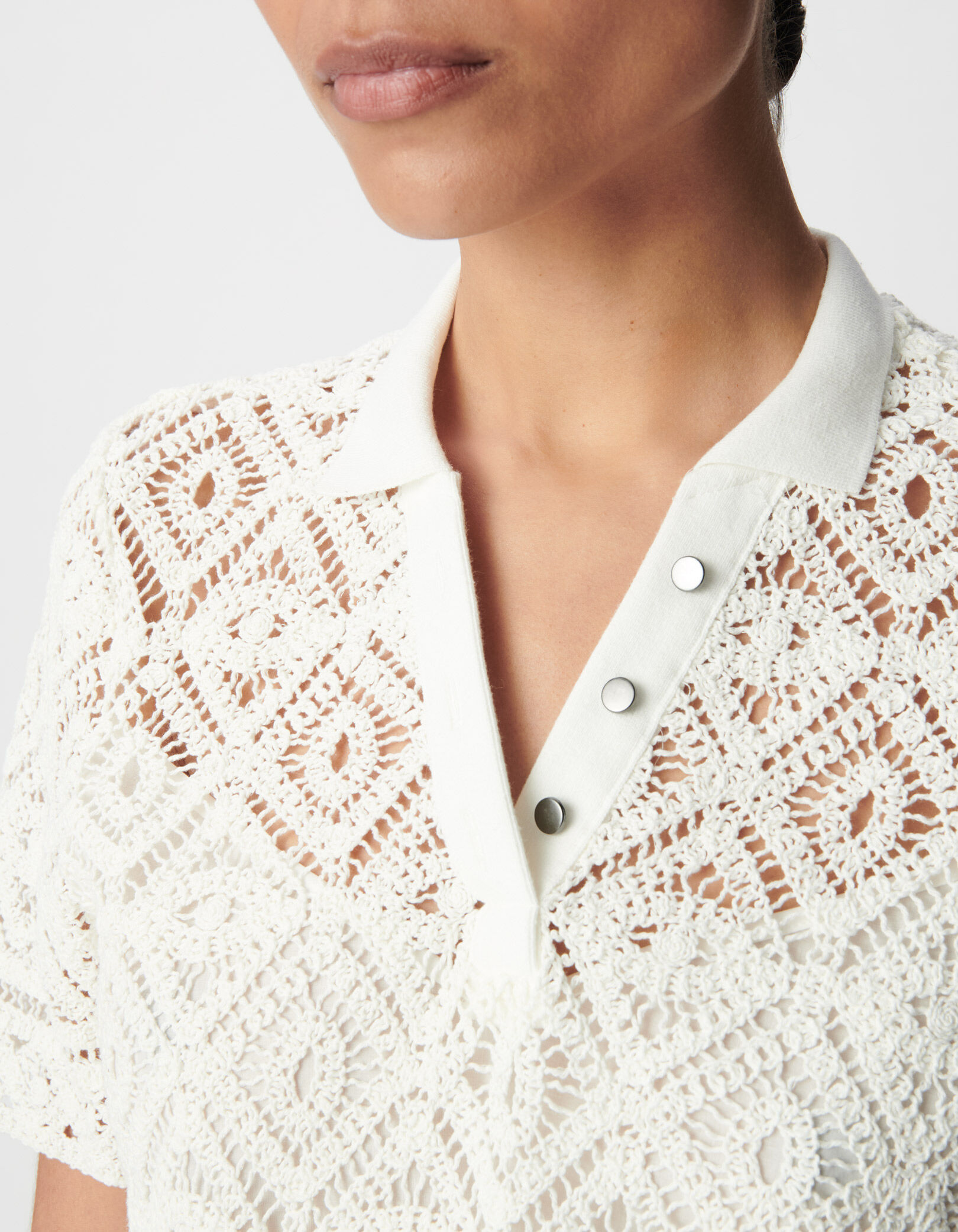 Top blanc tricot crochet col polo Femme