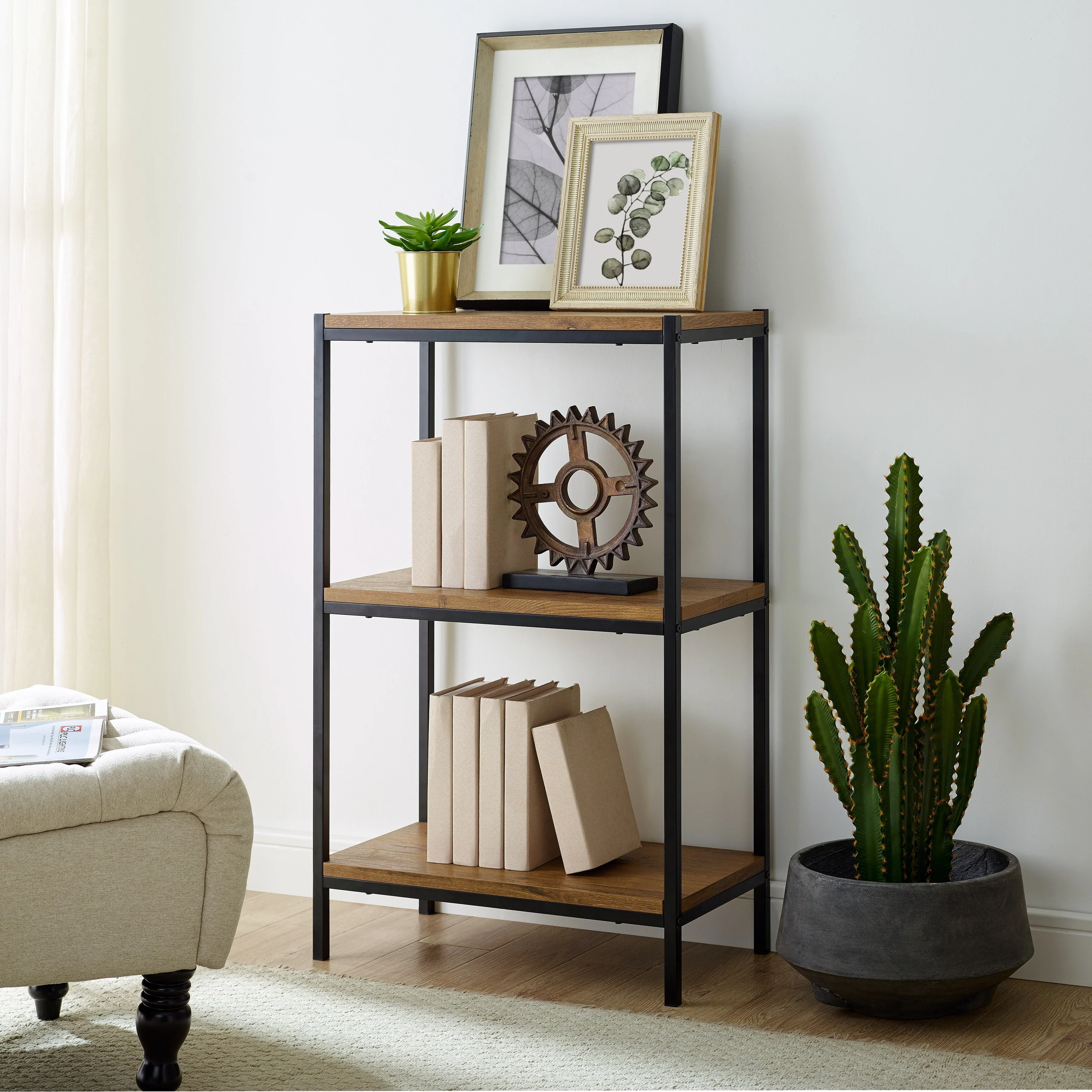 Caffoz 3-Tier Rustic Industrial Bookshelf - Open Shelf Bookcase, Modern Wood Storage Shelf for Living Room, Office, or Bedroom