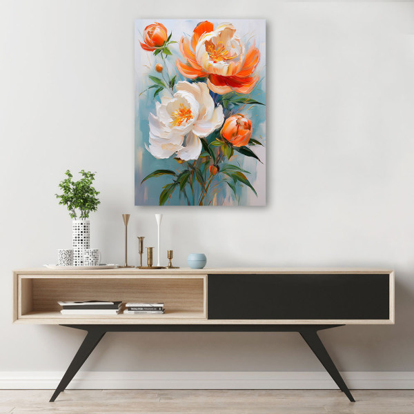 Feeby Obraz na płótnie, Piwonie Kwiaty Pomarańczowo Białe 40x60