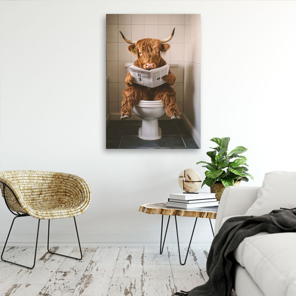 Feeby Obraz na płótnie, Szkocka Krowa z Gazetą w Toalecie 40x60