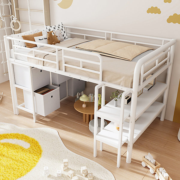 Lit Mezzanine 90x200 cm - Lit Enfant avec Tiroirs et étagères, Angles Arrondis - Sans Matelas - Métal et MDF - Blanc