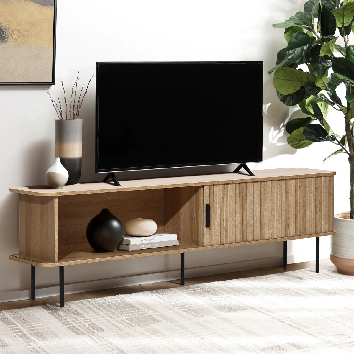 Modern TV Stand with Storage and Slatted Sliding Doors for TVs Up to 65 - 20.3 H x 62.6 W x 15.4 D
