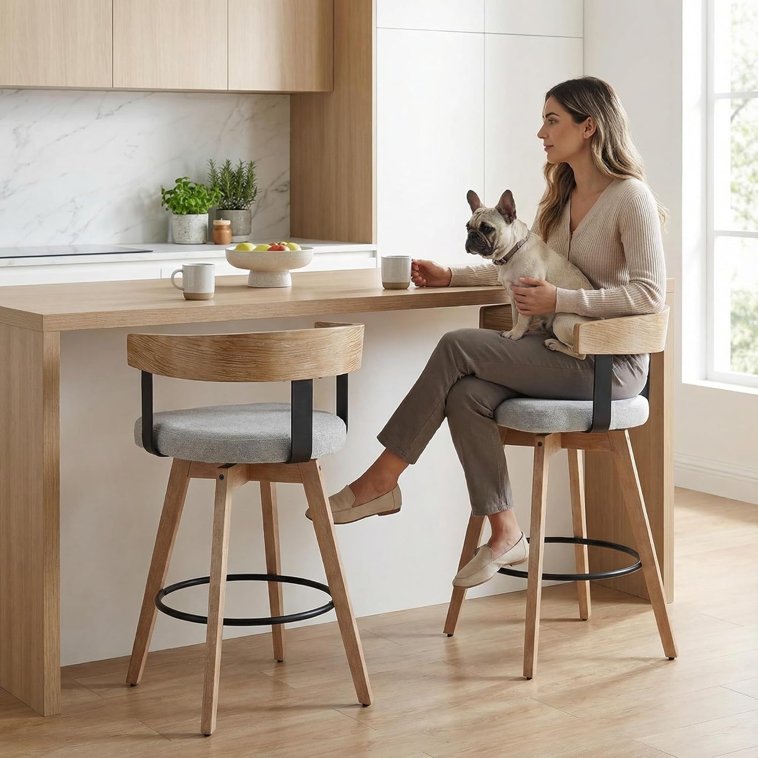 LukeAlon Linen Upholstered Counter Stools Set of 2, 360° Swivel Wooden Kitchen Stools with Wood Full Back Mid Century 26.25 Seat Height Low Barstools for Dining Room Kitchen Island, Grey