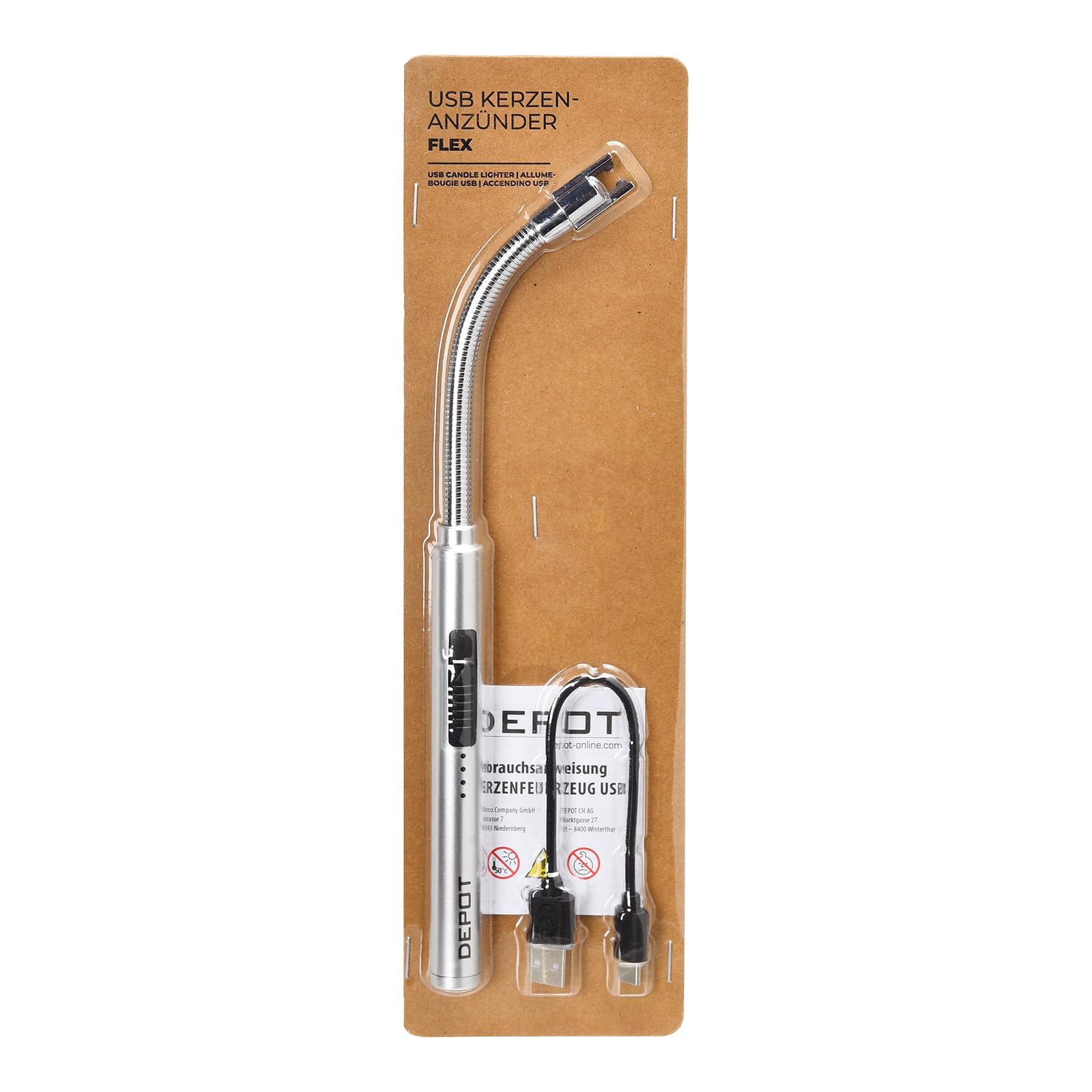 USB-Kerzenanzünder Flexibel Silber, ⌀ 1.5 cm, L 265 mm