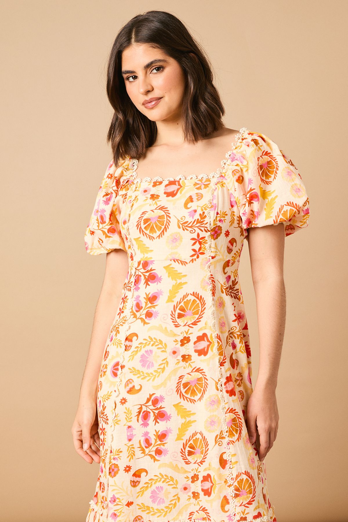 Oasis Trim Detail Square Neck Puff Sleeve Midi Dress