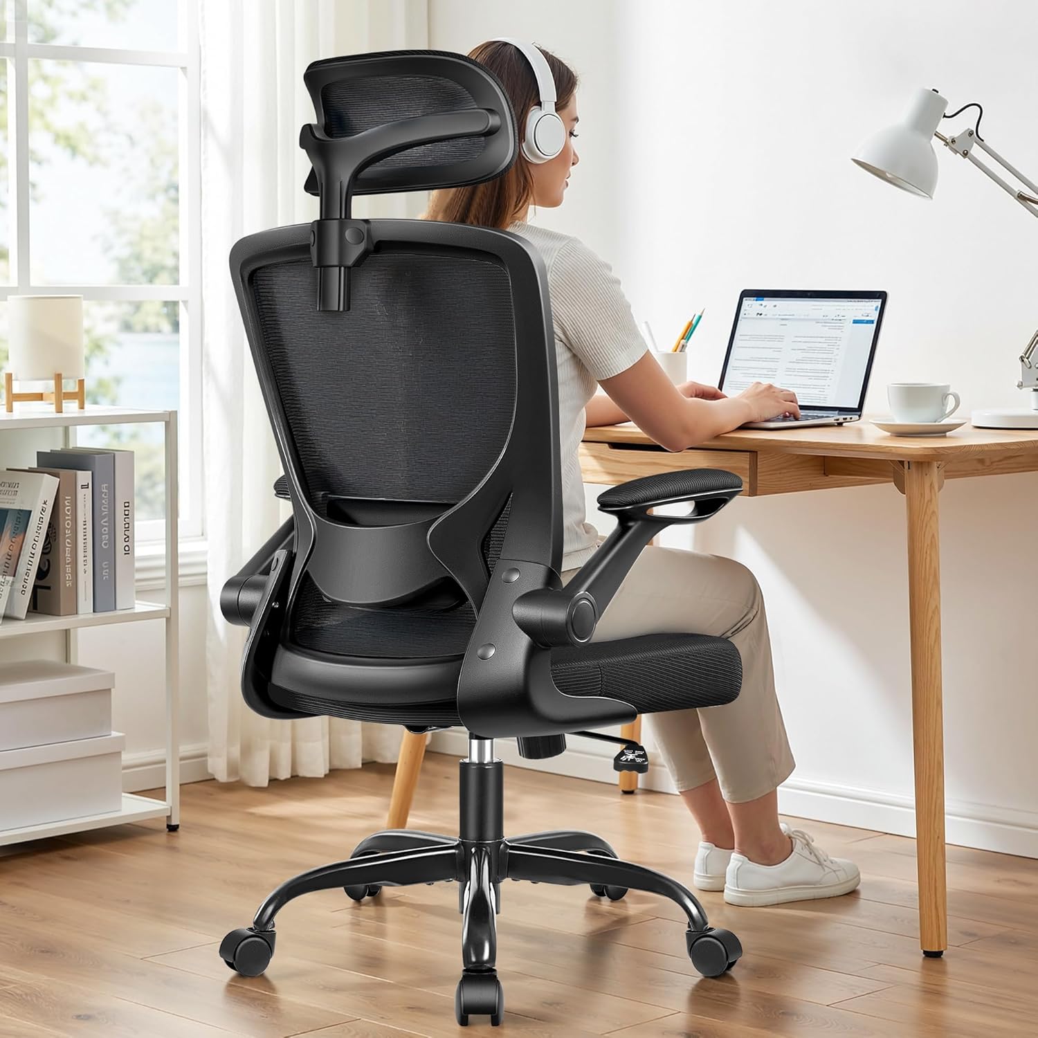 BESTFAIR Office Chair Ergonomic Desk Chair, Breathable Mesh Office Chairs with Adjustable Lumbar Support, Flip-Up Arms, Computer Desk Chair Comfy for Home Office, Black