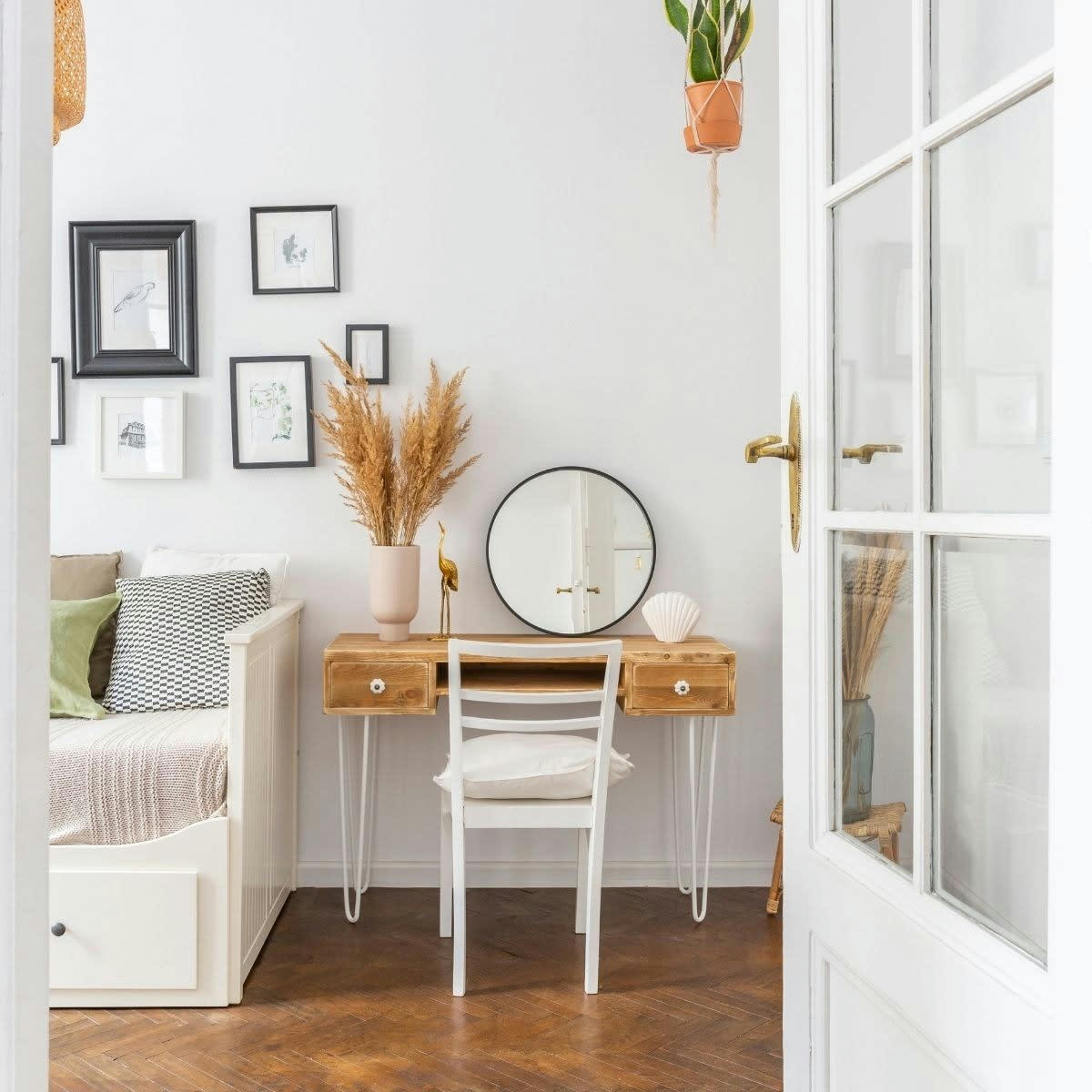 PAULIN - Bureau 2 tiroirs bois massif pieds acier blanc