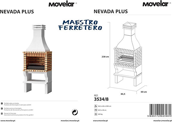 MOVELAR - Barbecue préfabriqué à bois et charbon de bois Nevada PlusxL (Gris, Orange - 86,5x60x238 cm) REF : 3534/8