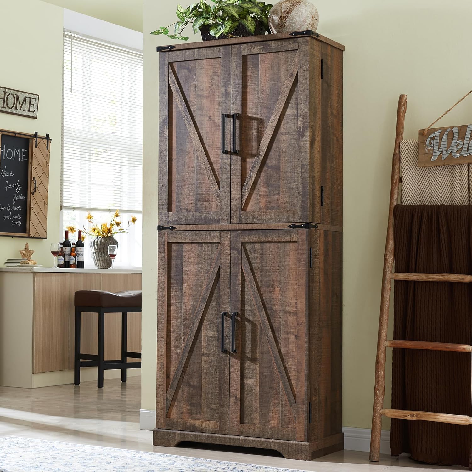 ACCOHOHO 72 Tall Kitchen Pantry, Farmhouse Storage Cabinet with Barn Doors, Organizer, Drawer and Adjustable Shelves, Rustic Wood Cupboard for Kitchen, Dining Room, Bathroom, Rustic Brown
