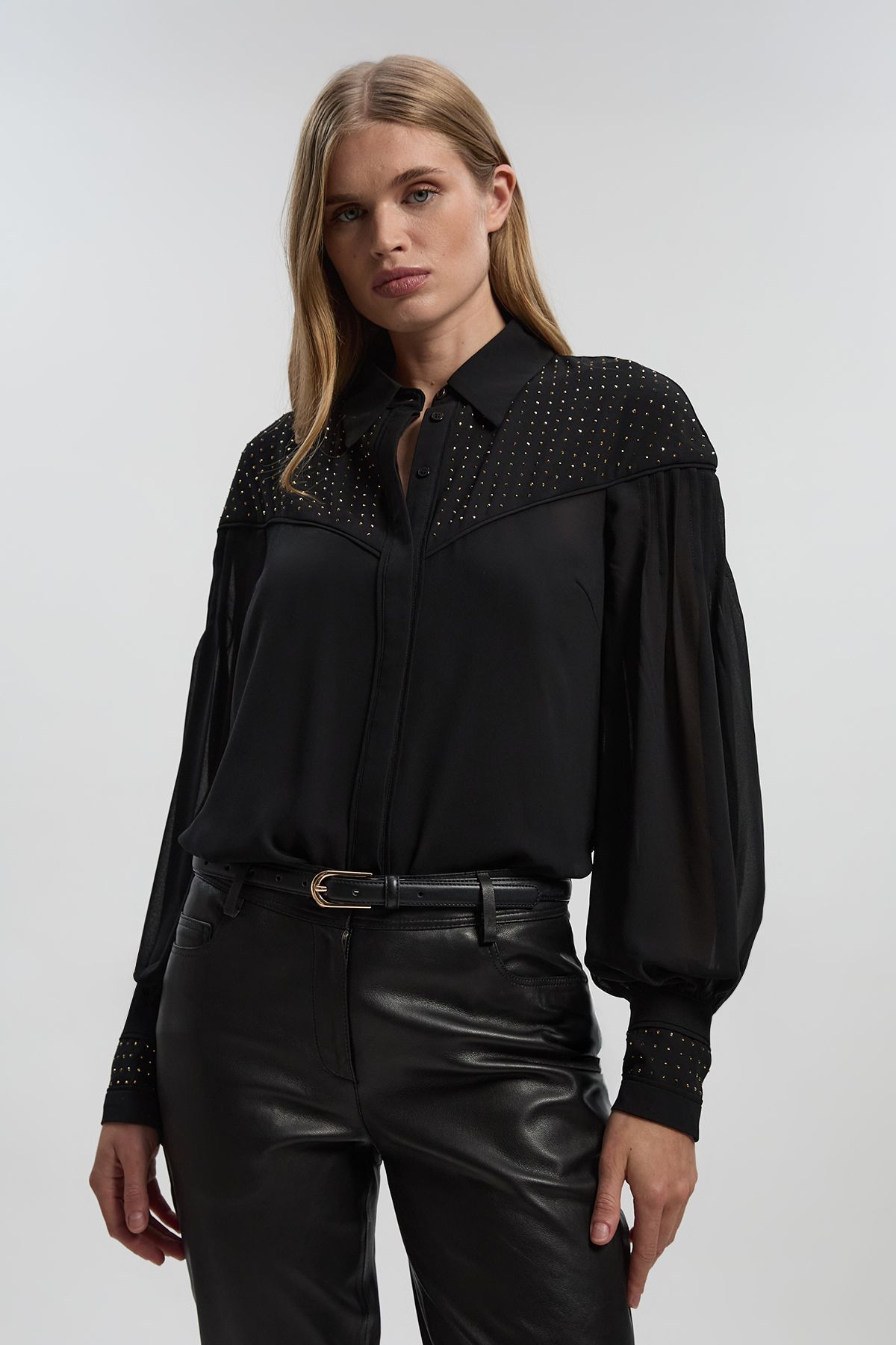 KarenMillen Hotfix Studded Long Sleeve Woven Shirt