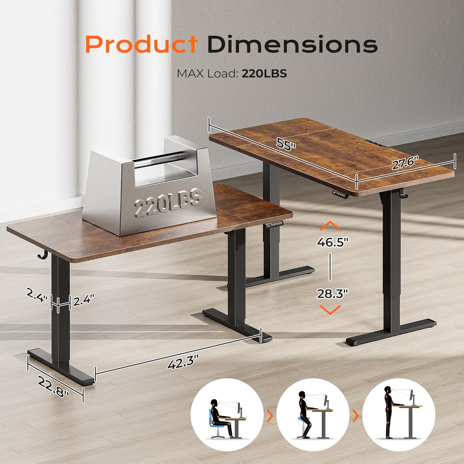 Huuger 55 x 28 Large Electric Standing Desk, Height Adjustable Computer Desk, 27.6 Deep Desktop, Stand up Gaming Office Desk with 2 Hooks, 3 Preset Heights, for Home Office, Rustic Brown