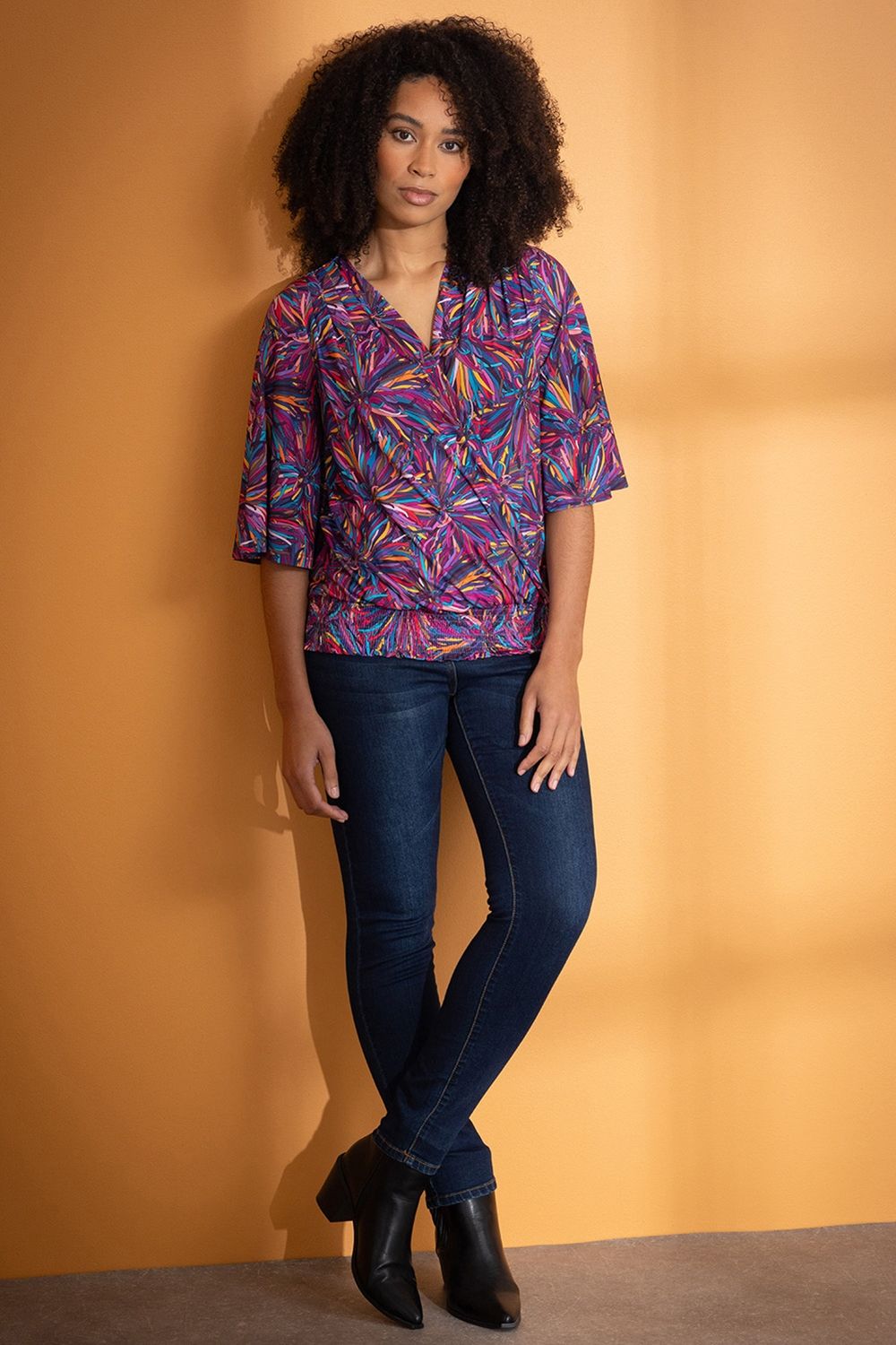 Klass. Printed Wrap Smocked Hem Top