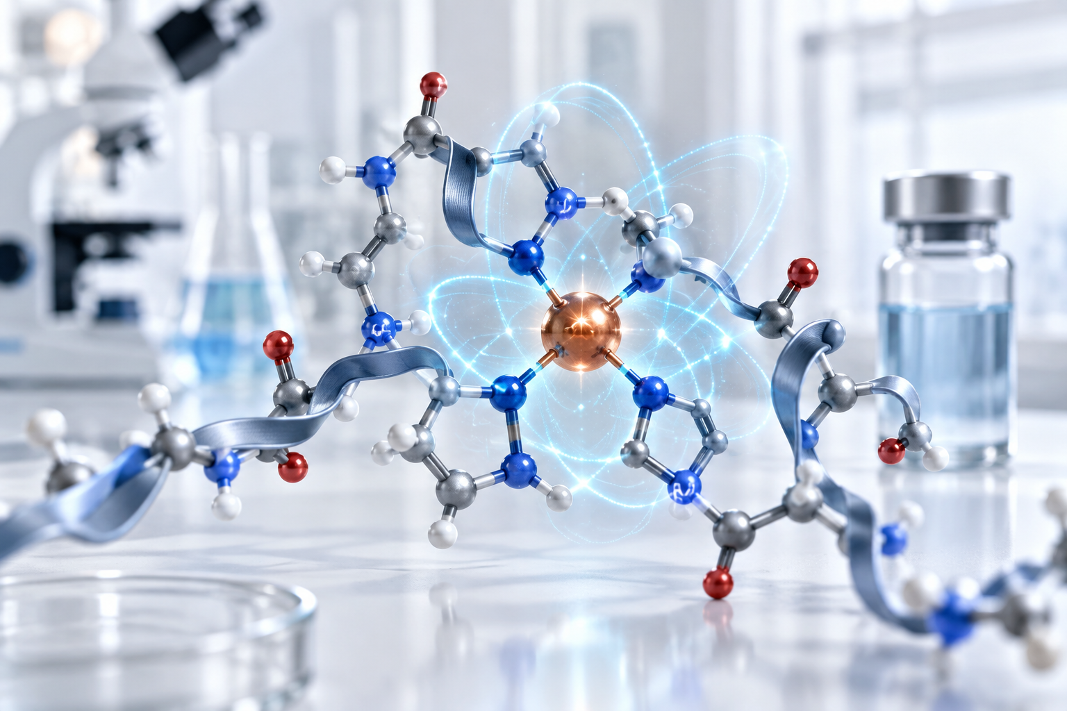 Copper-colored ion coordinated within a blue peptide structure on a bright laboratory background.