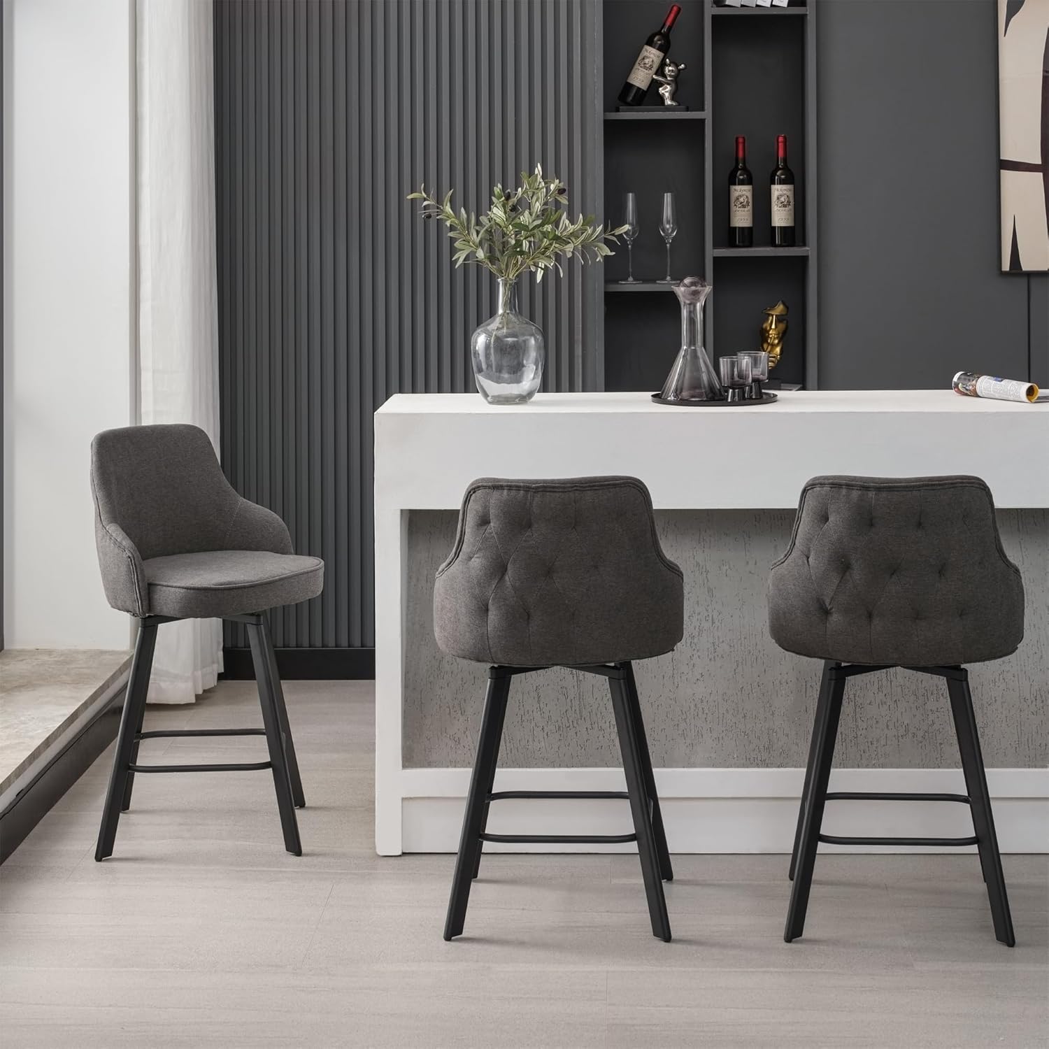 Bar Stools Set of 3, 26 Swivel Counter Height Bar Stools with High Back, Linen Kitchen Barstools Counter Height for Kitchen Island (Dark Grey, 3PCS 26 Counter Stools)