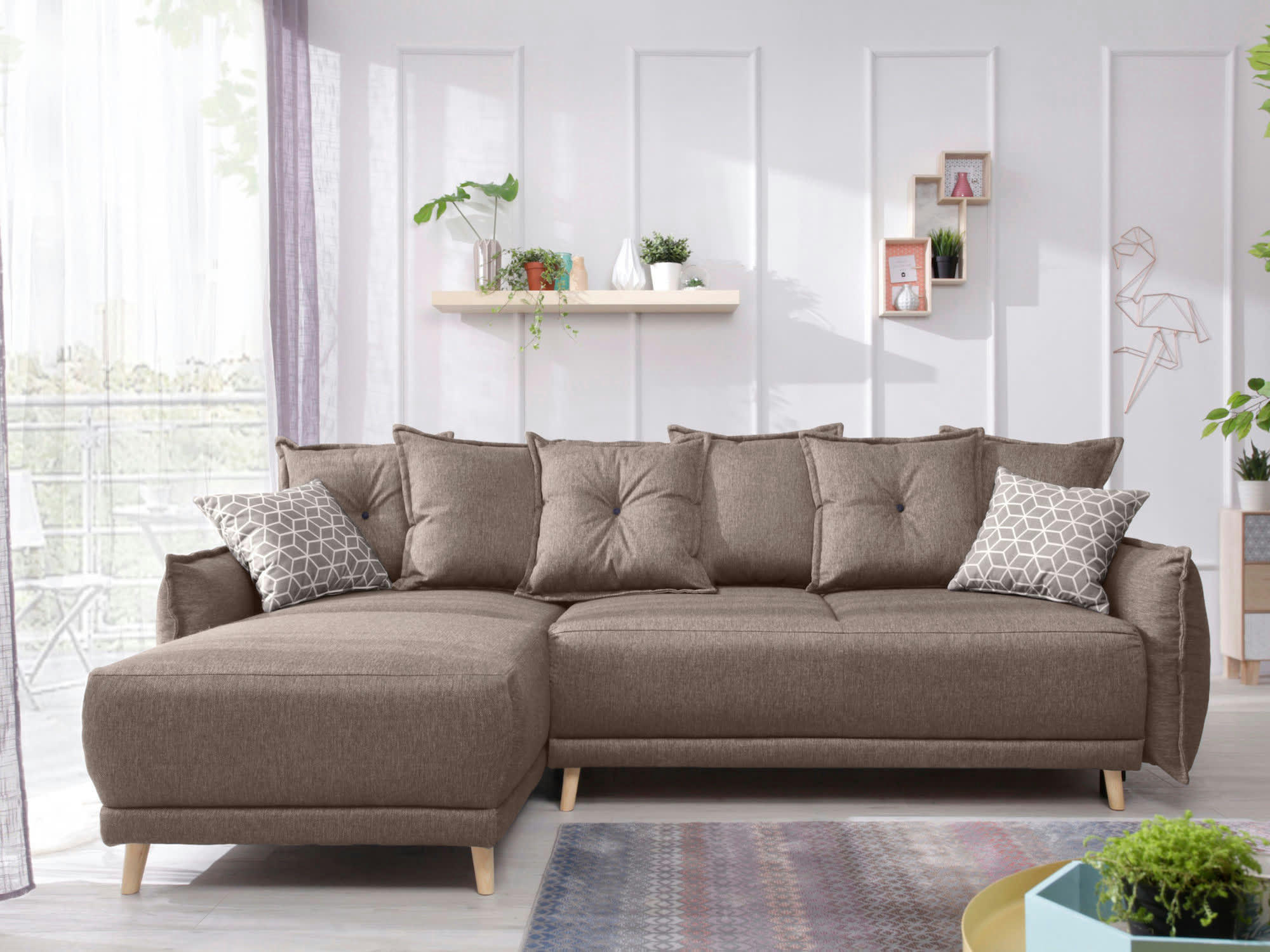 LENA - Canapé d'angle réversible convertible 4 places en tissu latte