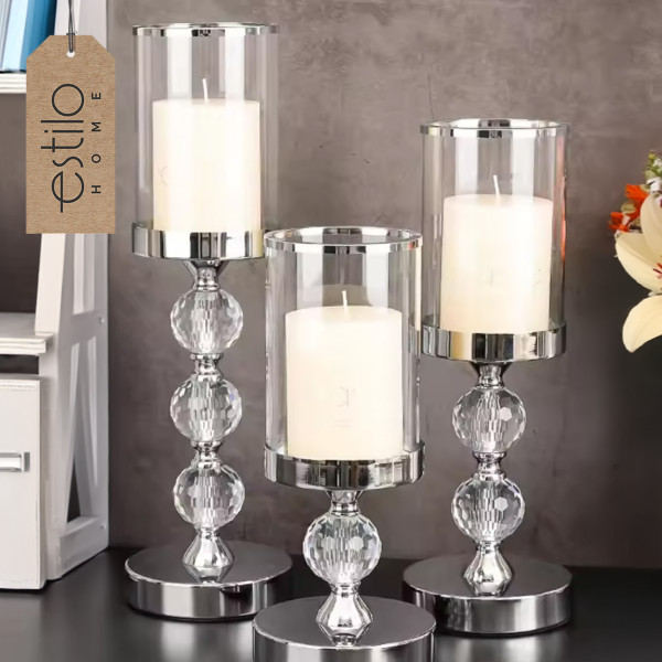 Świecznik Szklany Kielich Glamour Lampion Kryształki - Zestaw 3 Szt