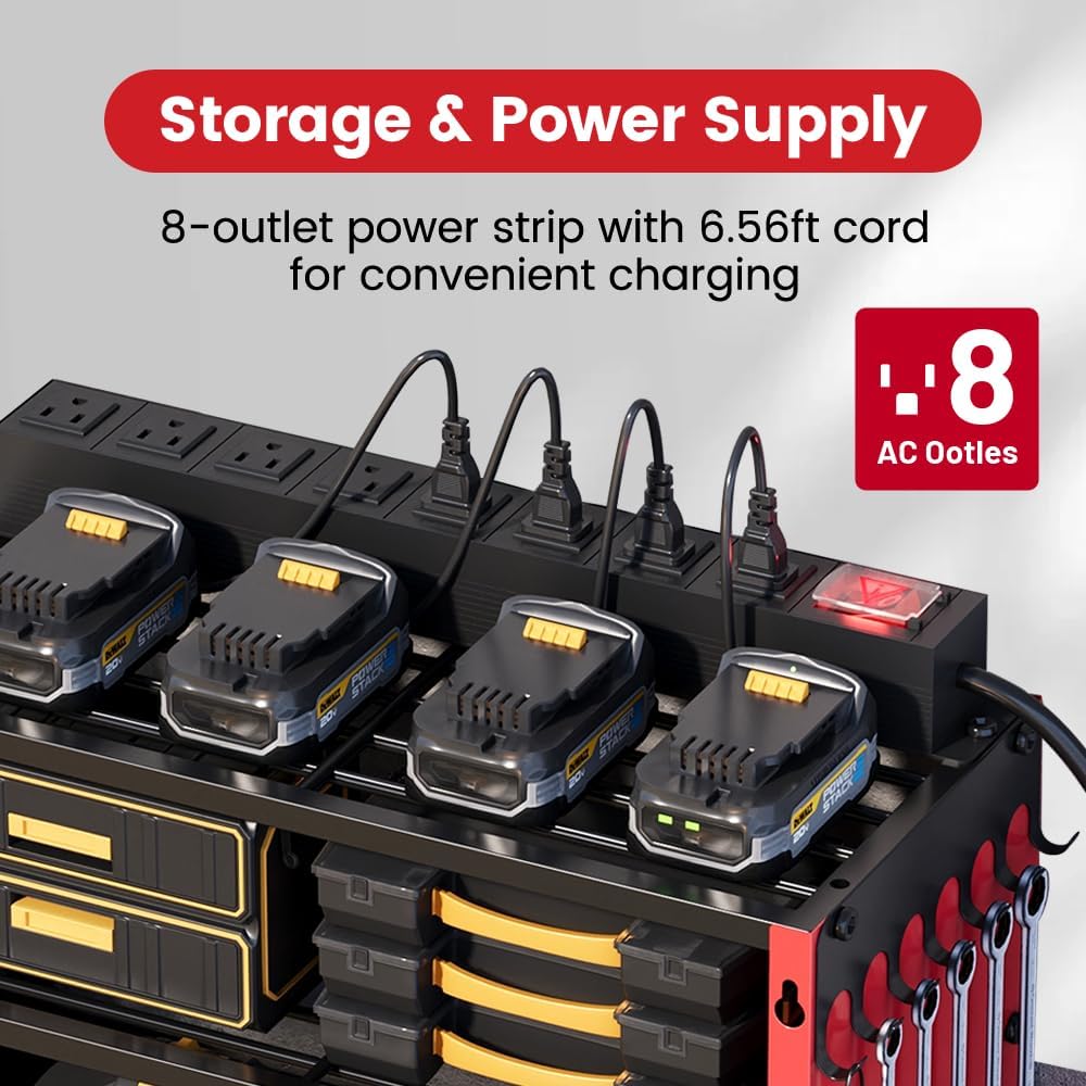 53 Power Tool Organizer Wall Mount with Power Strip, Heavy Duty Metal Tool Shelf, 400lbs Capacity for Cordless Drills, Batteries & Garage Storage (12 Slots with 8 Outlets Power Strip)