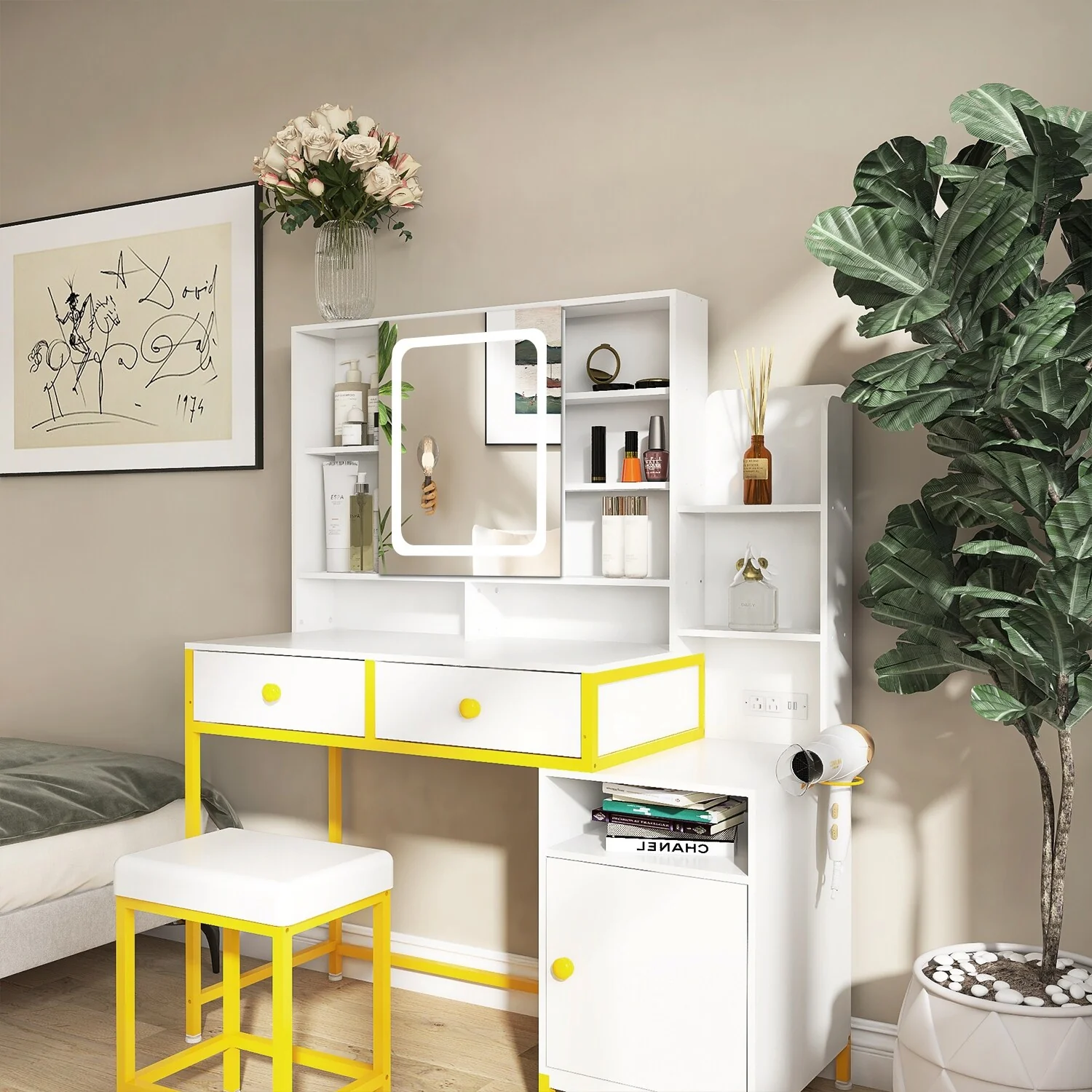 Large Gold Vanity Table Set,Vanity Desk with Mirror and Lights