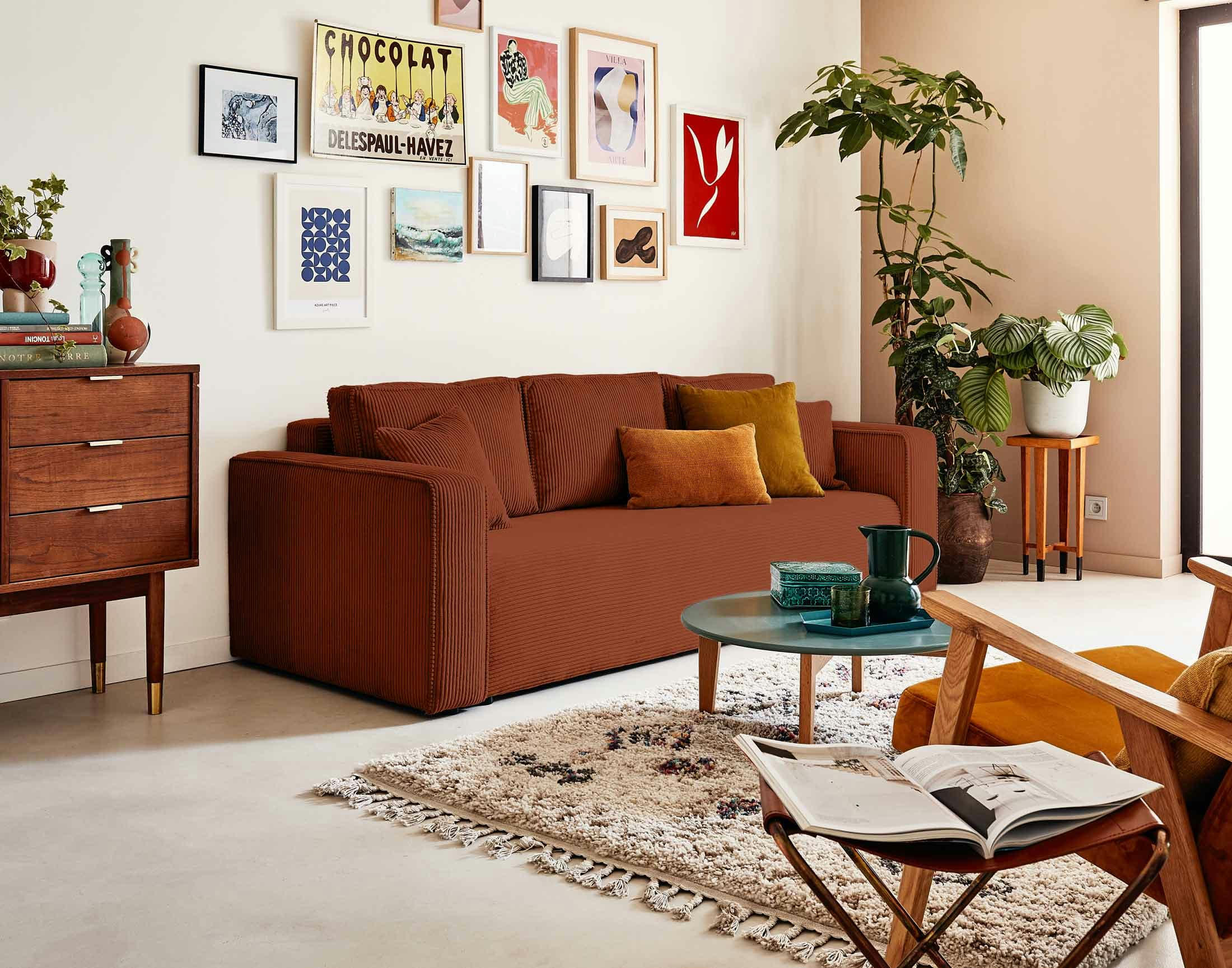 TOPAZE - Canapé droit convertible 3 places en velours côtelé terracotta