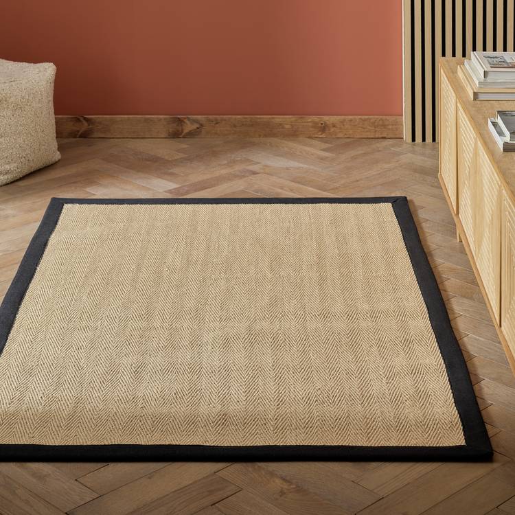 Habitat Herringbone Khaki Border Jute Rug - 80x150cm
