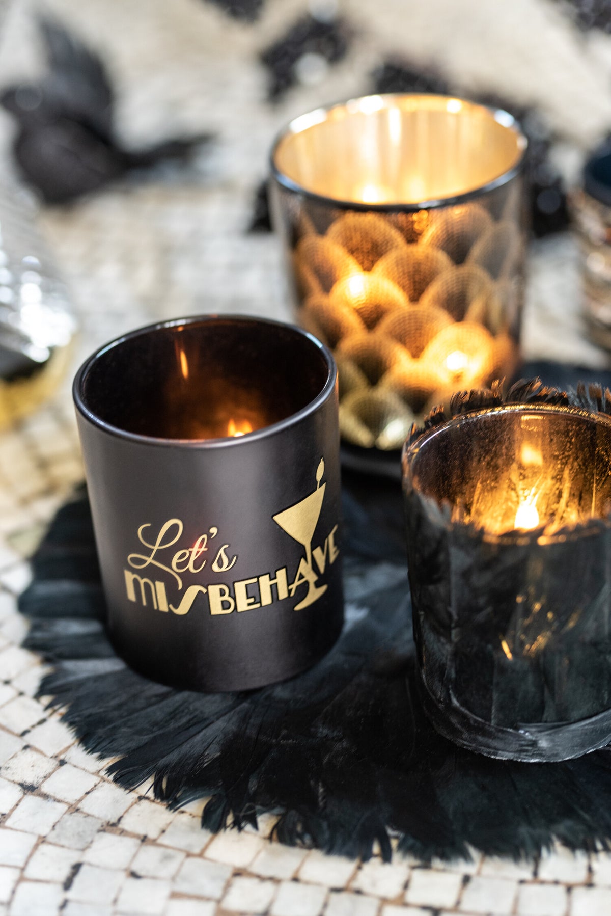 J-Line theelichthouder Gatsby - glas - zwart/goud - 2 stuks