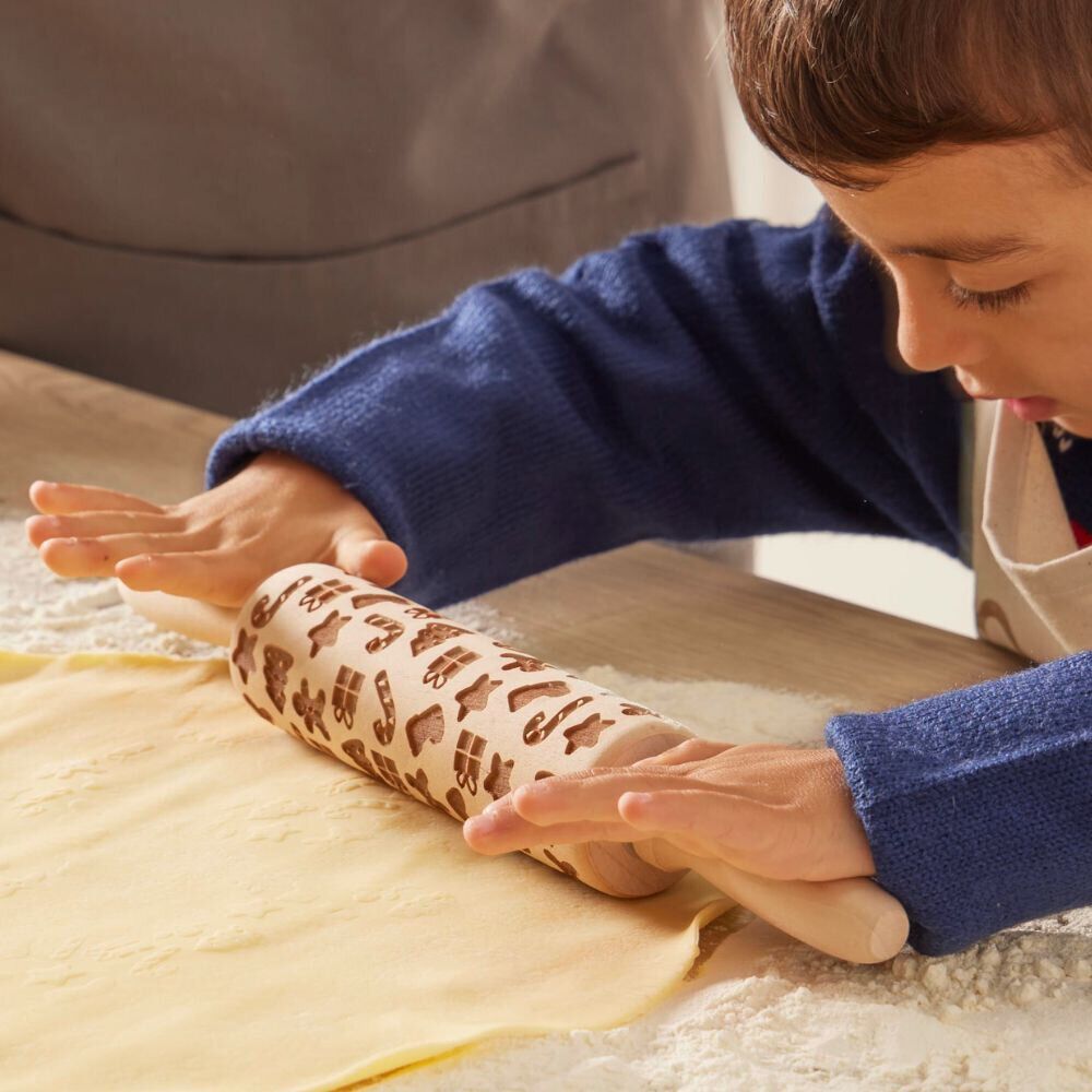 Rouleau à pâtisserie en bois gravé décor No&euml;l Ø5x35cm