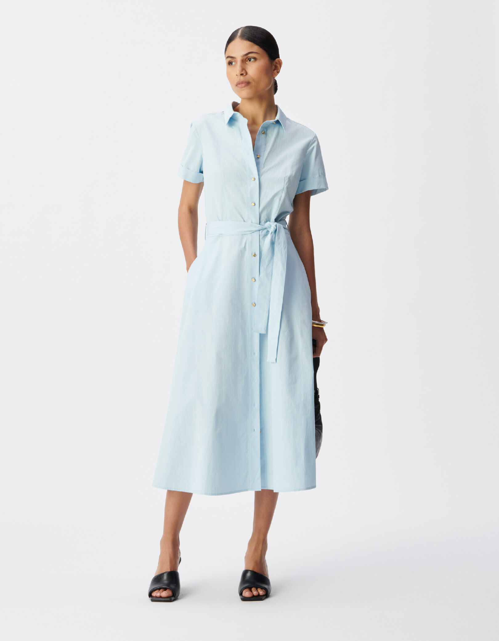 Robe chemise bleu ciel boutonnée ceinturée Femme