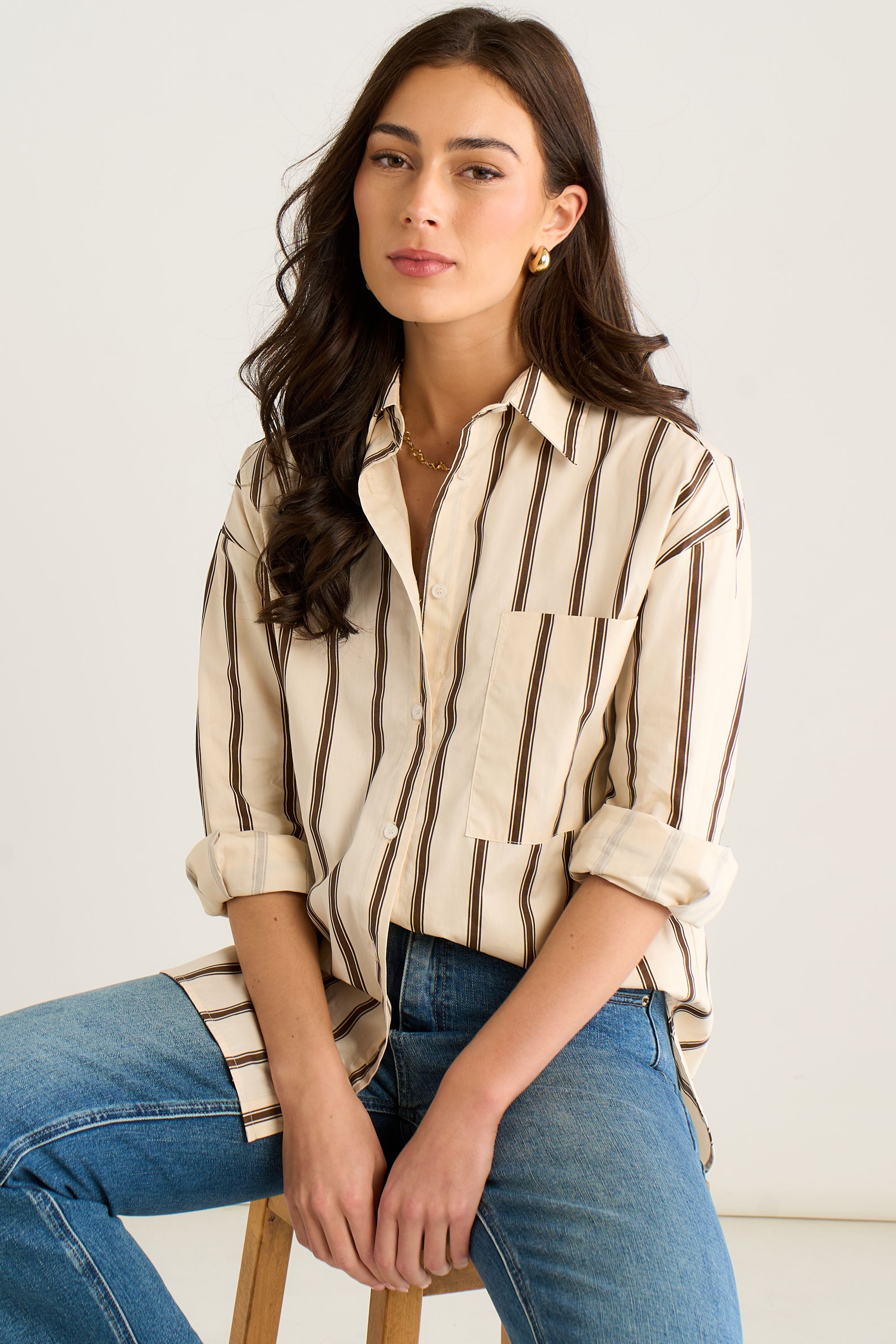 Gini London Cream Stripe Cotton Button Through Shirt