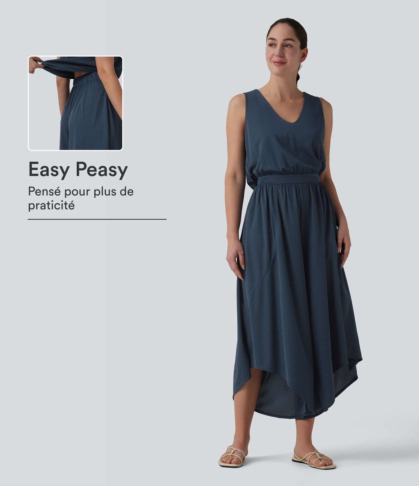 Combinaison décontractée fluide en tissu gaufré col V avec poches, Édition Easy Peasy