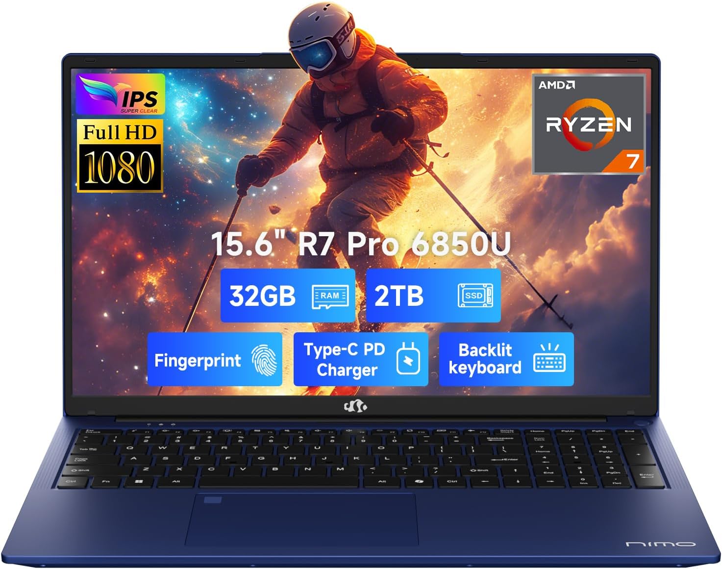 NIMO 15.6 Light-Gaming-Laptop  8 Cores AMD Ryzen 7 Pro 6850U 32GB LPDDR5 RAM 2TB SSD (Beat i7-1360P Up to 4.7GHz) AMD Radeon 680M GPU IPS FHD Computer with 100W Type-C Backlit Keyboard Fingerprint