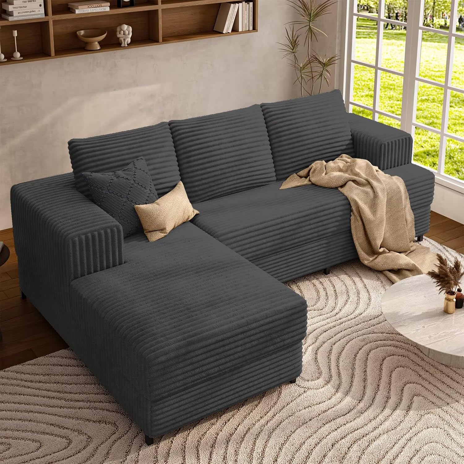 106 Cloud Sectional Sofa with Chaise Lounge, Modular L Shaped Couch with Iron Frame, Modern Fluffy Corduroy Couches for Living Room, Bedroom, Office, Left Facing Chaise, Gray