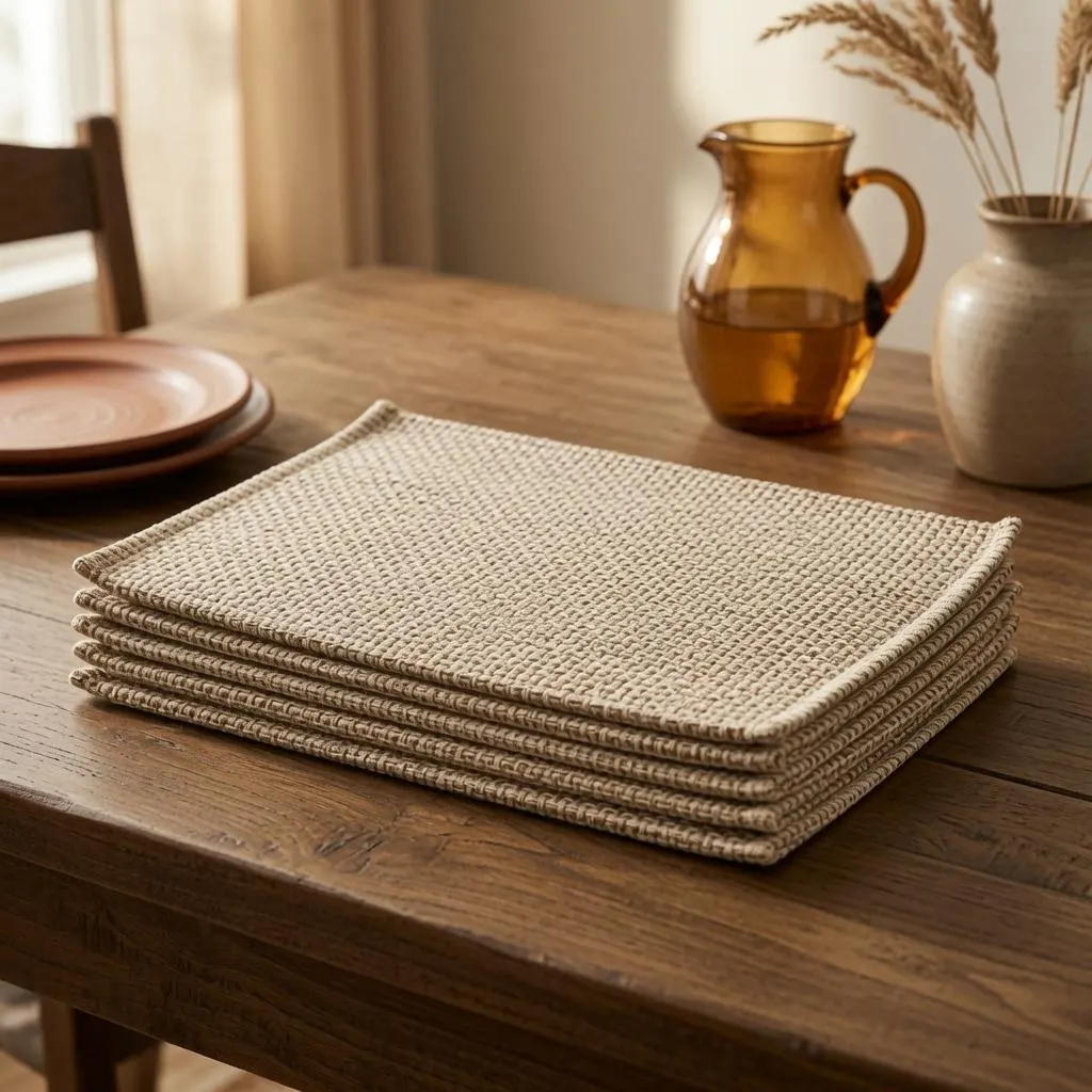 Cotton Woven Placemats Set of 6, Neutral Dining Table Decor, Rectangle Fabric Mats