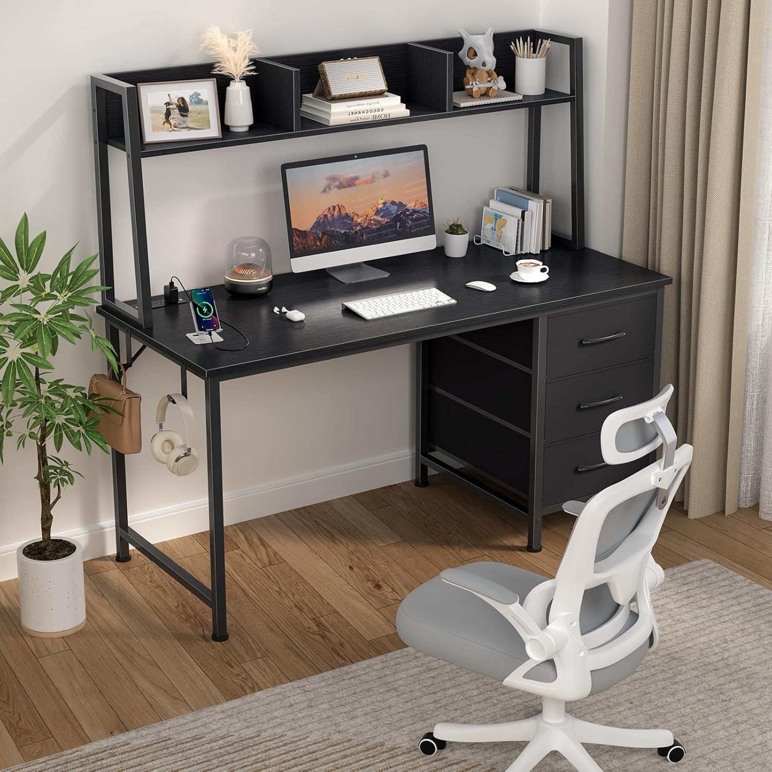 DLisiting Black Computer Desk with Hutch & Drawers - Office Desk with 3 Storage Drawers and Power Outlets, 47 Inch Modern Study Writing Desk for Bedroom Home Office