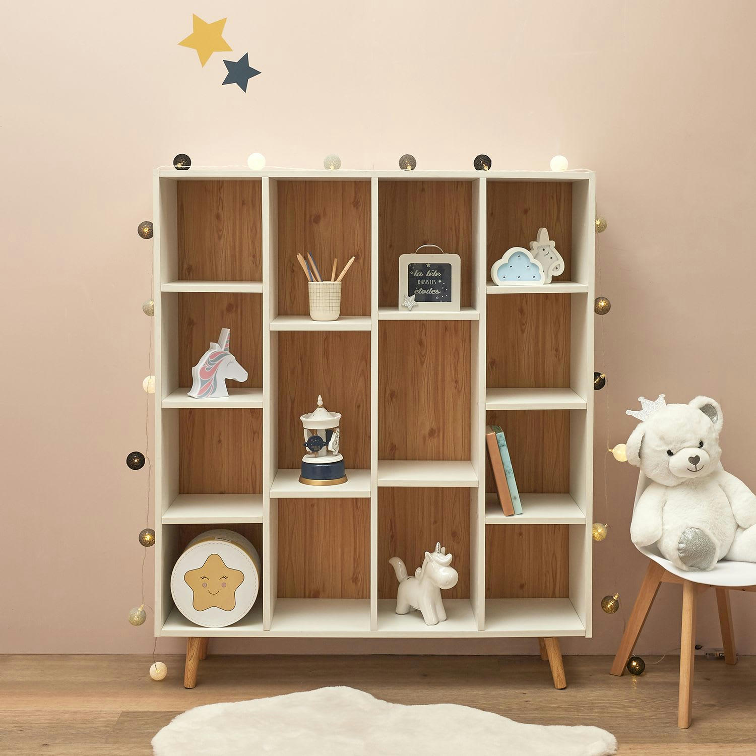 SUZANNE - Bibliothèque avec 14 niches de rangement en mdf et bois de