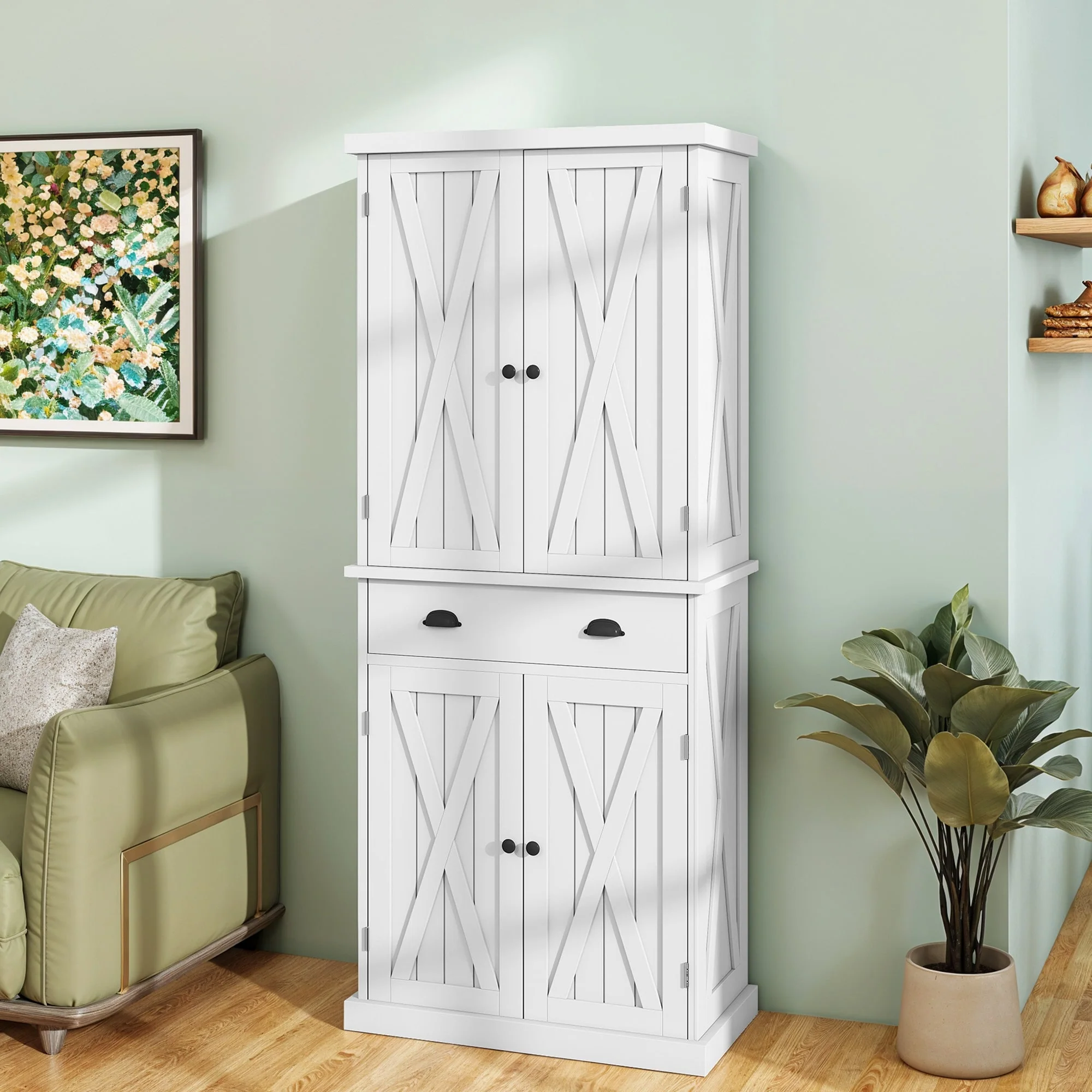 Moasis 72 H Wood Farmhouse Kitchen Pantry Cabinet with Adjustable Shelves & Drawer