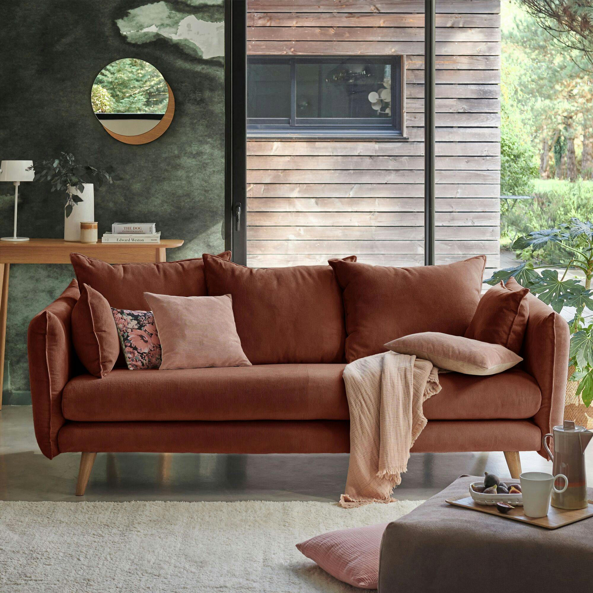 ORION - Canapé velours côtelé Acajou 4 places