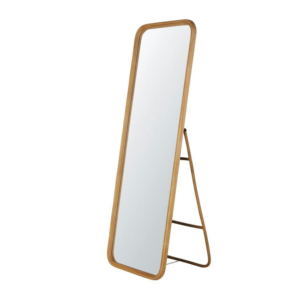 BAIXO - Grand miroir rectangulaire sur pied en rotin marron 61x170