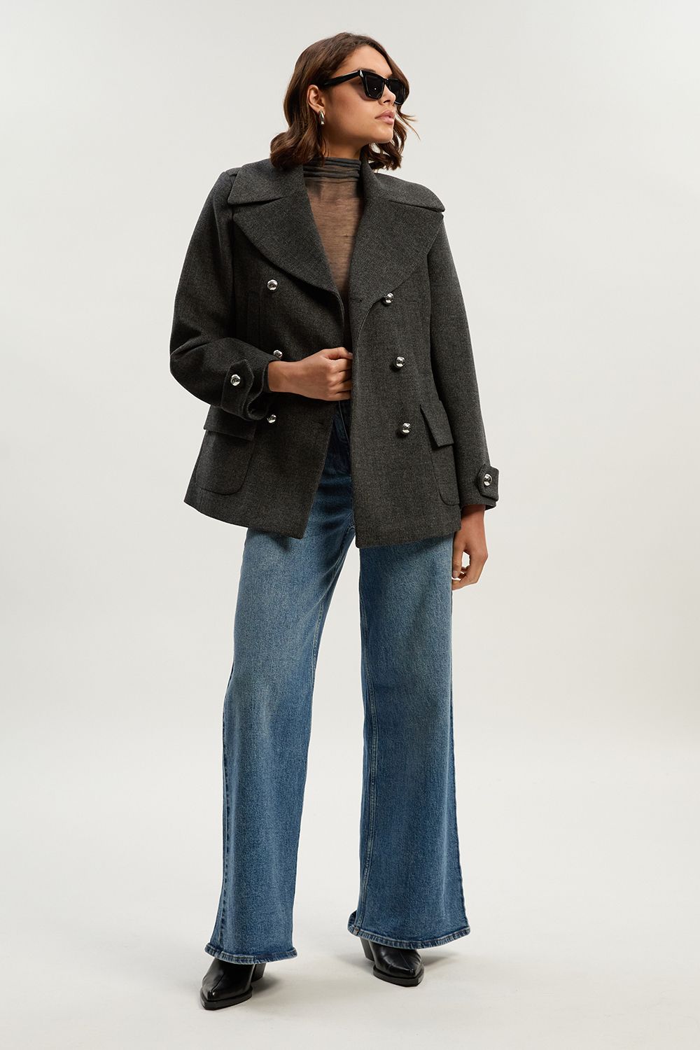 KarenMillen Brushed Wool Check Pocket Tailored Short Coat