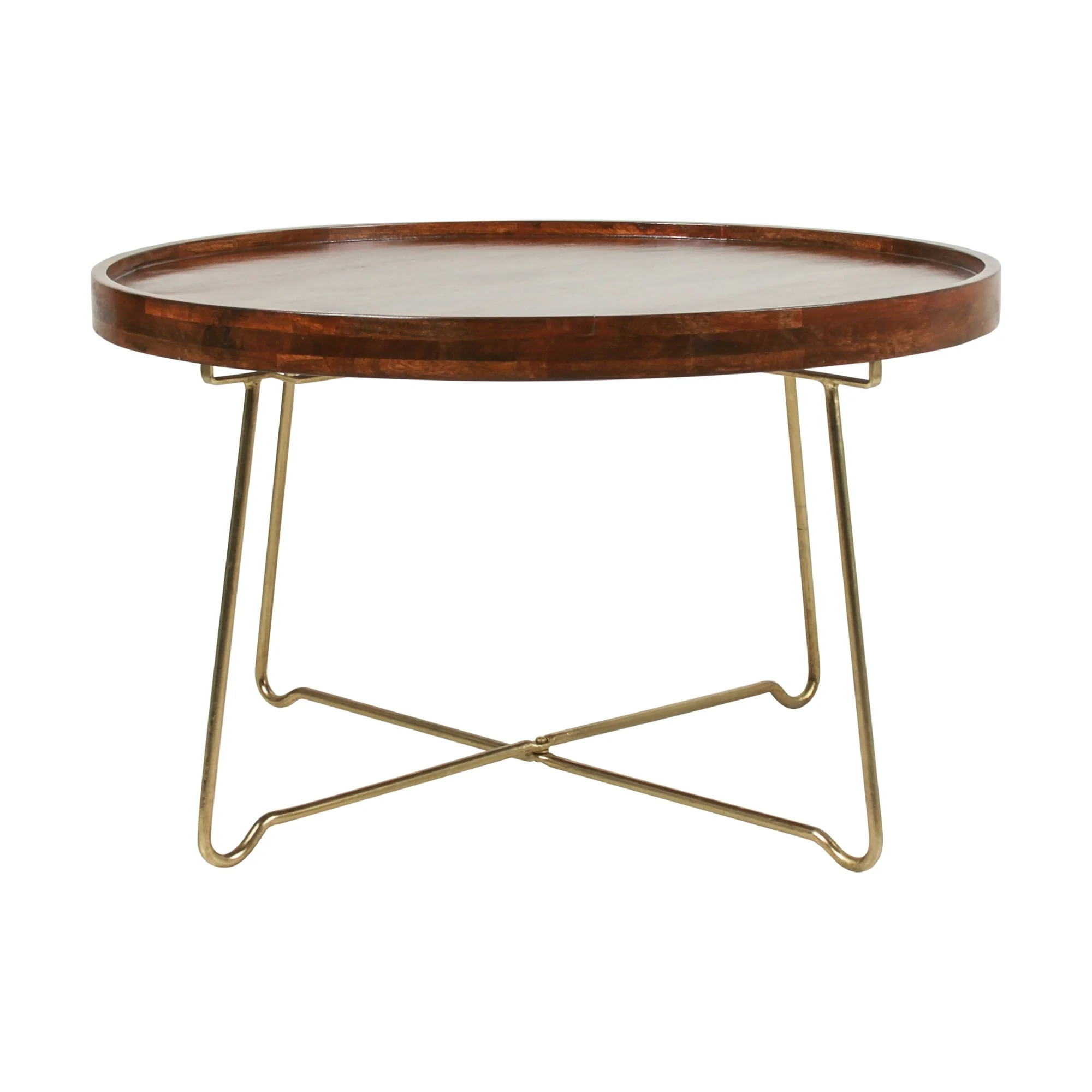 Round Natural Wood And Gold Iron Coffee Table by East at Main