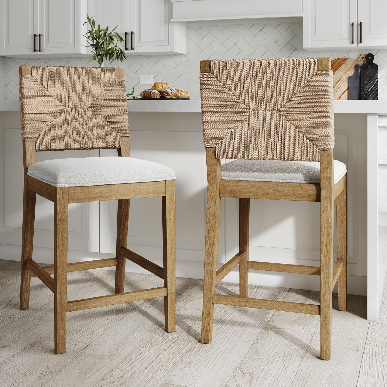 Nathan James Beacon Bohemian Boucle Bar Stool, Upholstered Counter Height Chair with Solid Wood Frame and Woven Seagrass Back for Kitchen Island, Light Brown/Seagrass/Cream Boucle, Set of 2